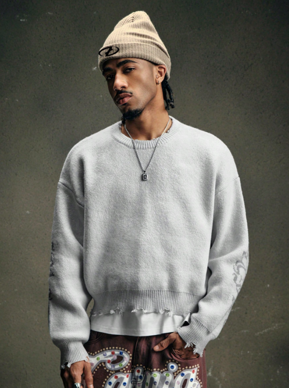 Vintage Distressed Crew Neck Pullover Sweater