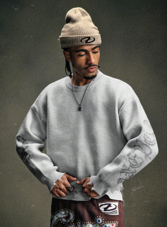 Vintage Distressed Crew Neck Pullover Sweater