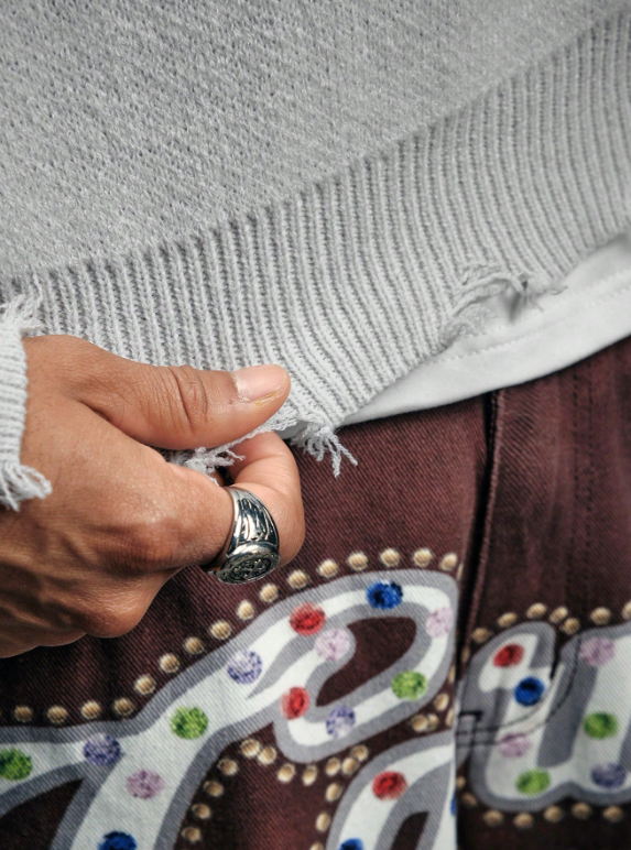 Vintage Distressed Crew Neck Pullover Sweater
