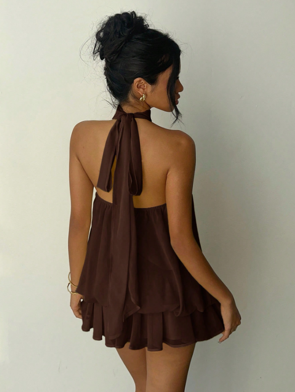 Women's Elegant Brown Halter Tie Mini Dress