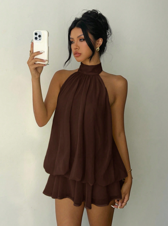 Women's Elegant Brown Halter Tie Mini Dress