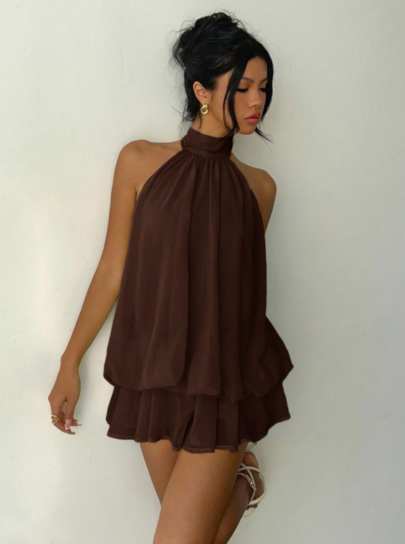 Women's Elegant Brown Halter Tie Mini Dress